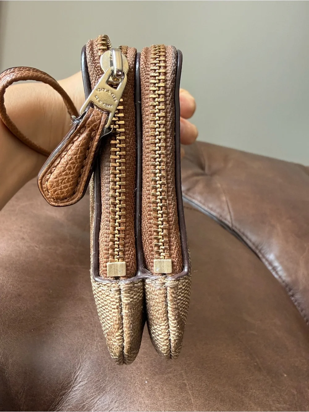 Coach Tan Signature Canvas Wristlet with Gold Logo